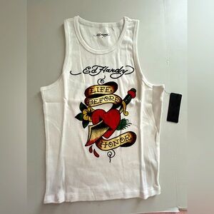 Ed Hardy White Tank Top with Red Heart and Gold Banner Graphic